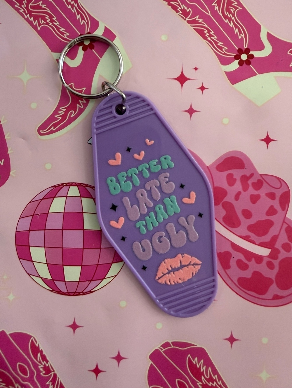 “Better Late Than Ugly” Vintage Hotel Room Key Keychain